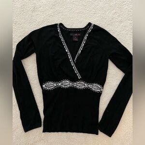 Black Long Sleeve V-Neck Top with Silver Embroidery